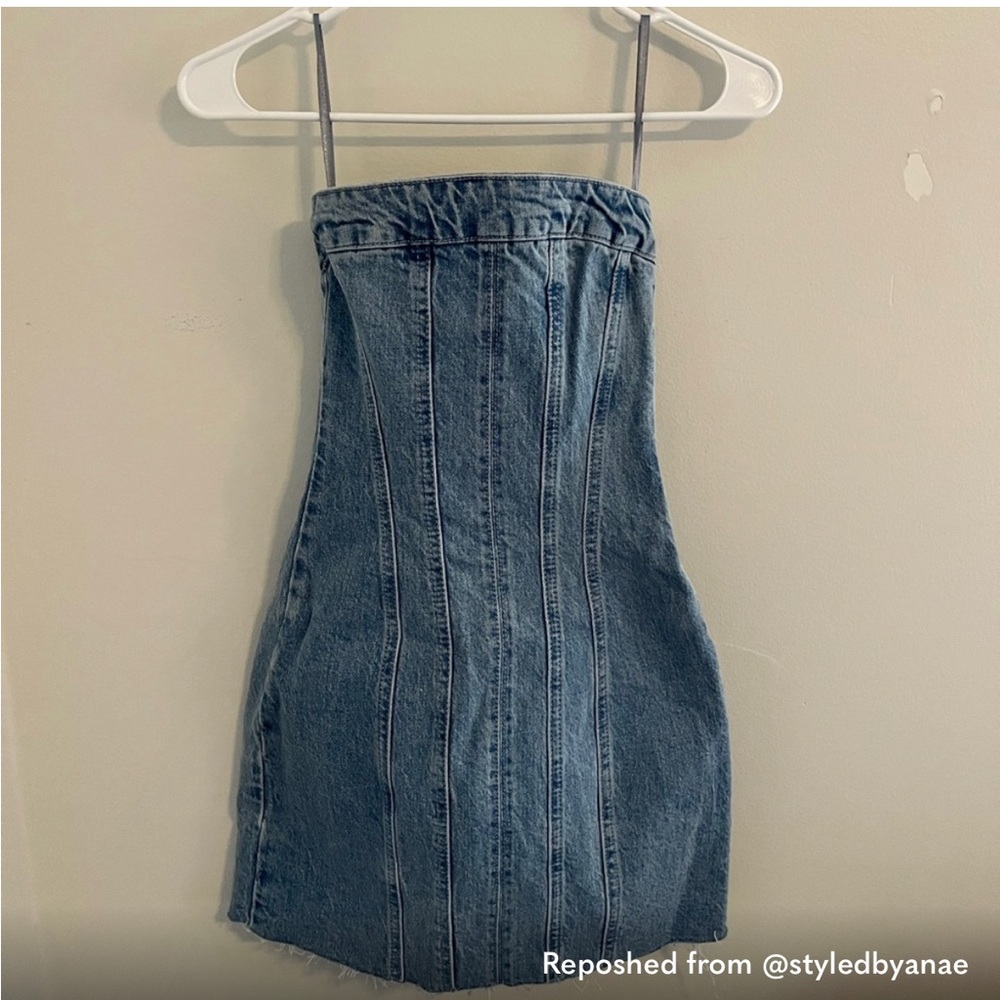 Zara light blue denim strapless dress